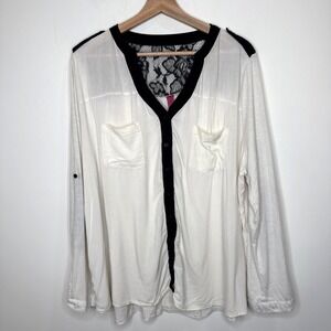 Lace Button Up Blouse Women's 2X Whimsigoth Roll Tab V Neck‎ Office Dark Fairy